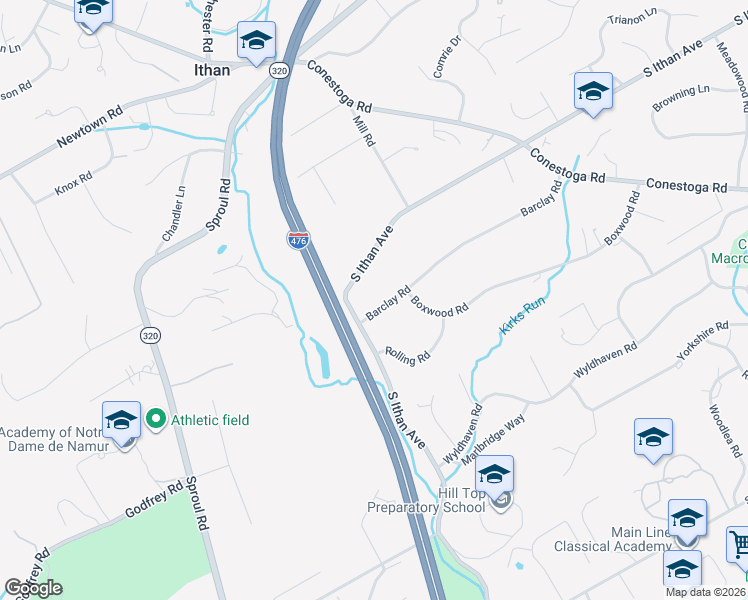 map of restaurants, bars, coffee shops, grocery stores, and more near 473 South Ithan Avenue in Bryn Mawr