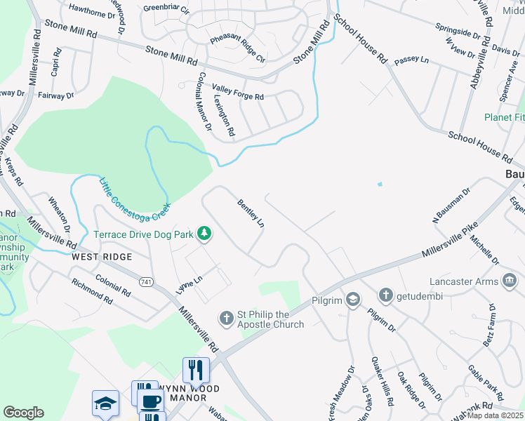 map of restaurants, bars, coffee shops, grocery stores, and more near 146 Bentley Lane in Lancaster