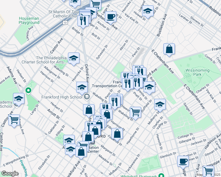 map of restaurants, bars, coffee shops, grocery stores, and more near 5102 Penn Street in Philadelphia