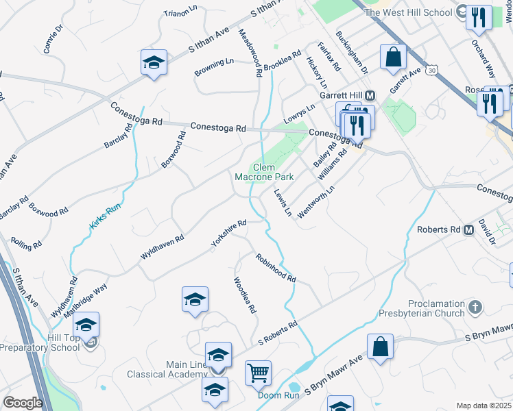 map of restaurants, bars, coffee shops, grocery stores, and more near 356 Yorkshire Road in Bryn Mawr