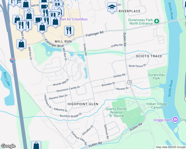 map of restaurants, bars, coffee shops, grocery stores, and more near 3570 Smiley Road in Hilliard