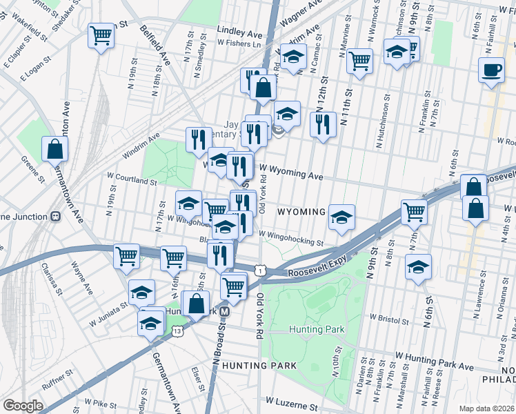 map of restaurants, bars, coffee shops, grocery stores, and more near 4600 Old York Road in Philadelphia