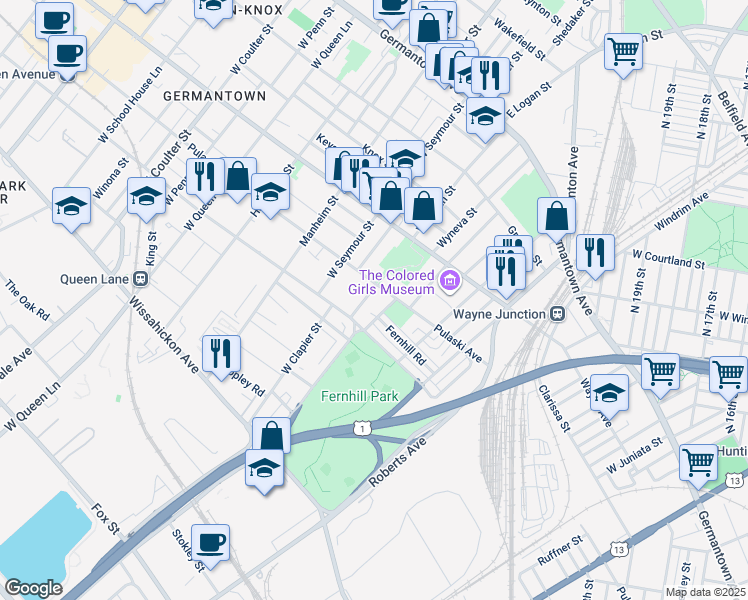 map of restaurants, bars, coffee shops, grocery stores, and more near 312 West Logan Street in Philadelphia