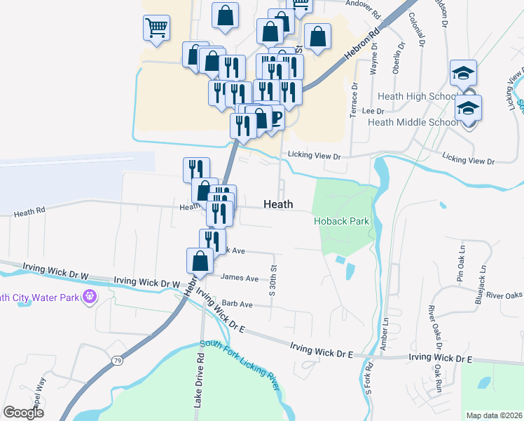 map of restaurants, bars, coffee shops, grocery stores, and more near 62 Dorsey Mill Road West in Heath
