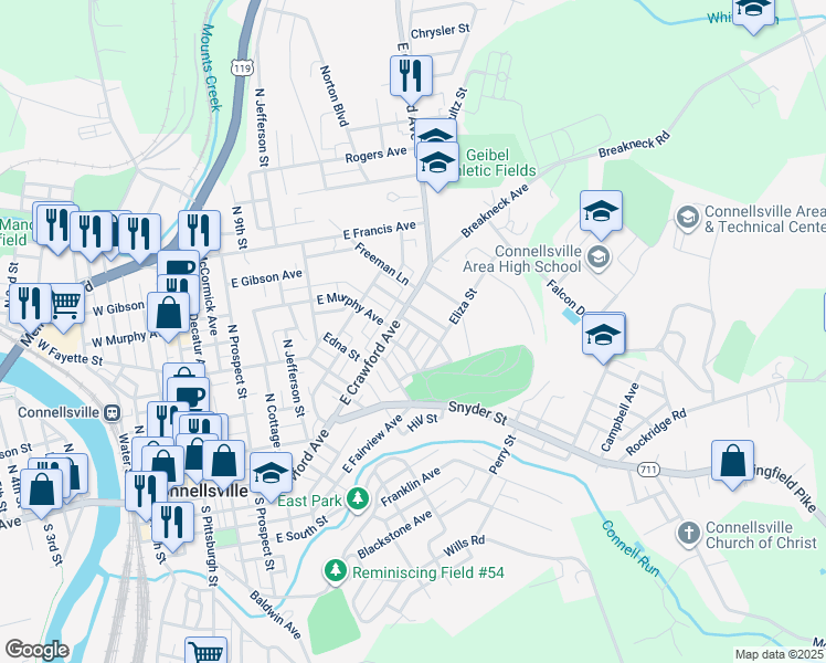 map of restaurants, bars, coffee shops, grocery stores, and more near 410 Stephens Street in Connellsville