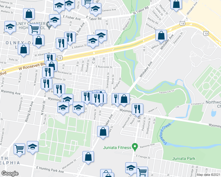 map of restaurants, bars, coffee shops, grocery stores, and more near 4818 Rorer Street in Philadelphia