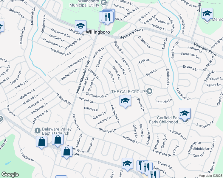 map of restaurants, bars, coffee shops, grocery stores, and more near 6 Gamewell Lane in Willingboro