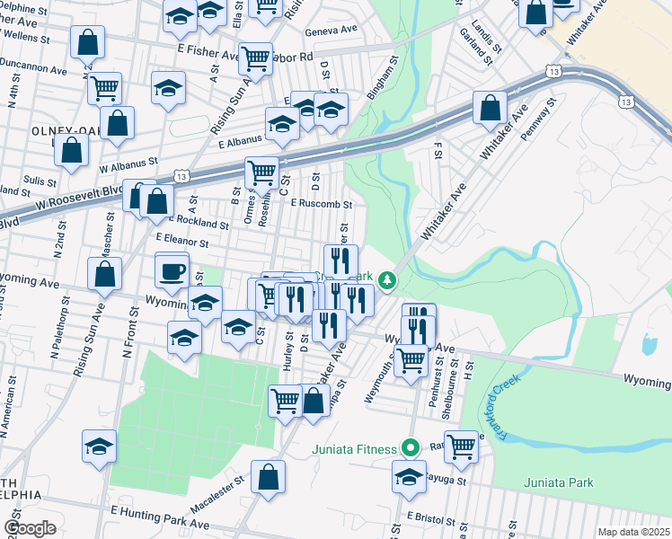 map of restaurants, bars, coffee shops, grocery stores, and more near 4818 Rorer Street in Philadelphia