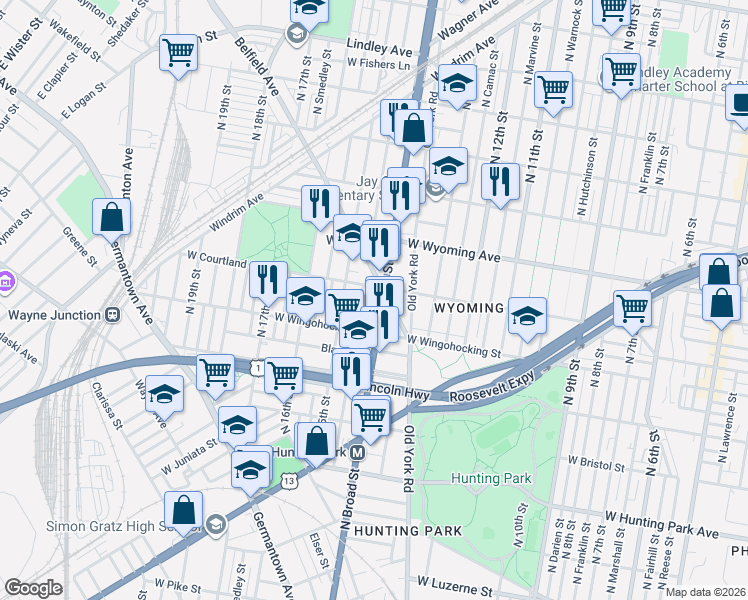 map of restaurants, bars, coffee shops, grocery stores, and more near 4534 North Broad Street in Philadelphia