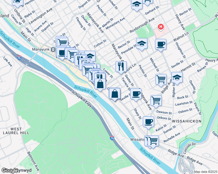 map of restaurants, bars, coffee shops, grocery stores, and more near 118 Shurs Lane in Philadelphia