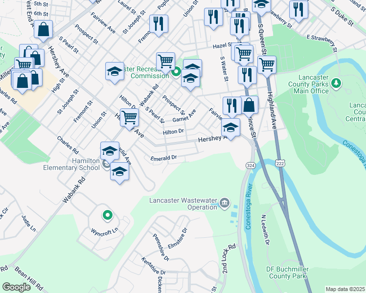 map of restaurants, bars, coffee shops, grocery stores, and more near 738 Hershey Avenue in Lancaster