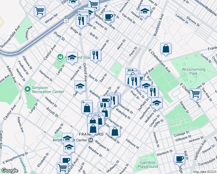 map of restaurants, bars, coffee shops, grocery stores, and more near 5104 Penn Street in Philadelphia