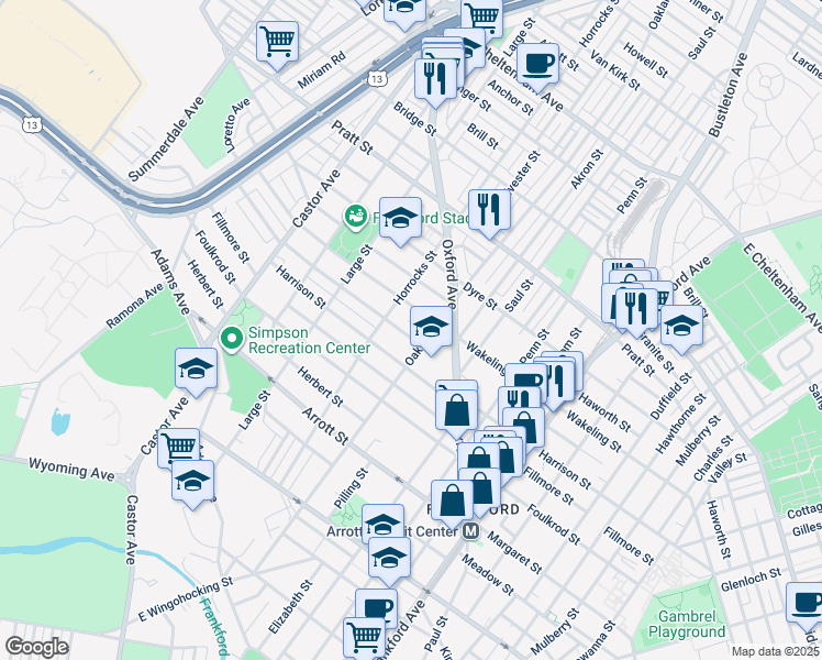 map of restaurants, bars, coffee shops, grocery stores, and more near 1221 Allengrove Street in Philadelphia