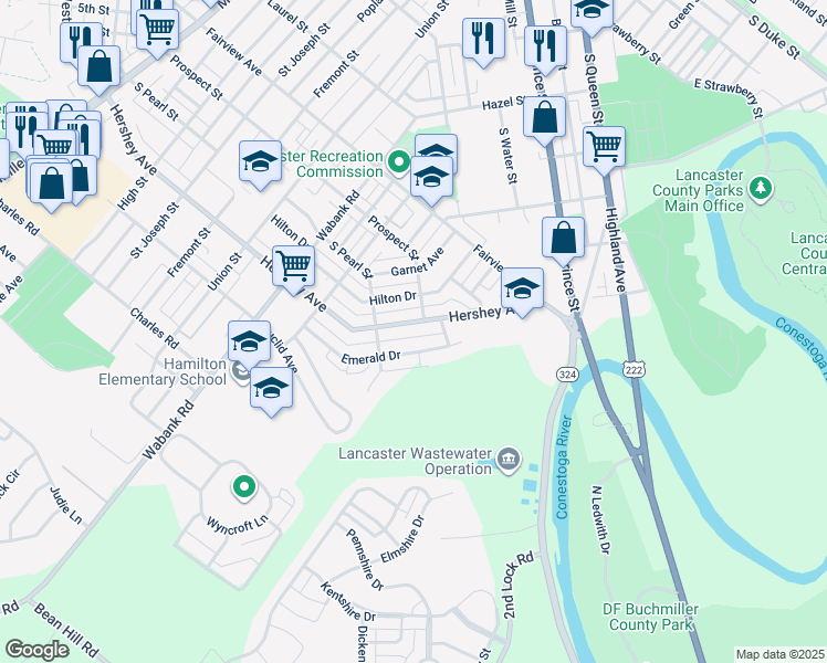 map of restaurants, bars, coffee shops, grocery stores, and more near 738 Hershey Avenue in Lancaster