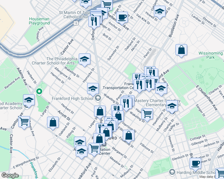 map of restaurants, bars, coffee shops, grocery stores, and more near 5027 Saul Street in Philadelphia
