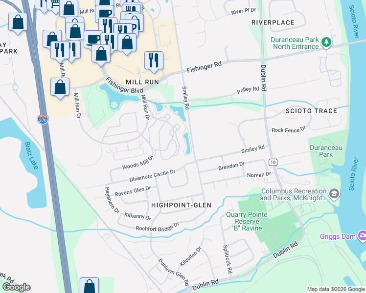 map of restaurants, bars, coffee shops, grocery stores, and more near 3609 Hilliard's Station Road in Hilliard