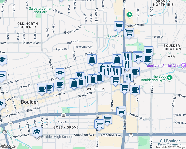 map of restaurants, bars, coffee shops, grocery stores, and more near 2432 Pine Street in Boulder
