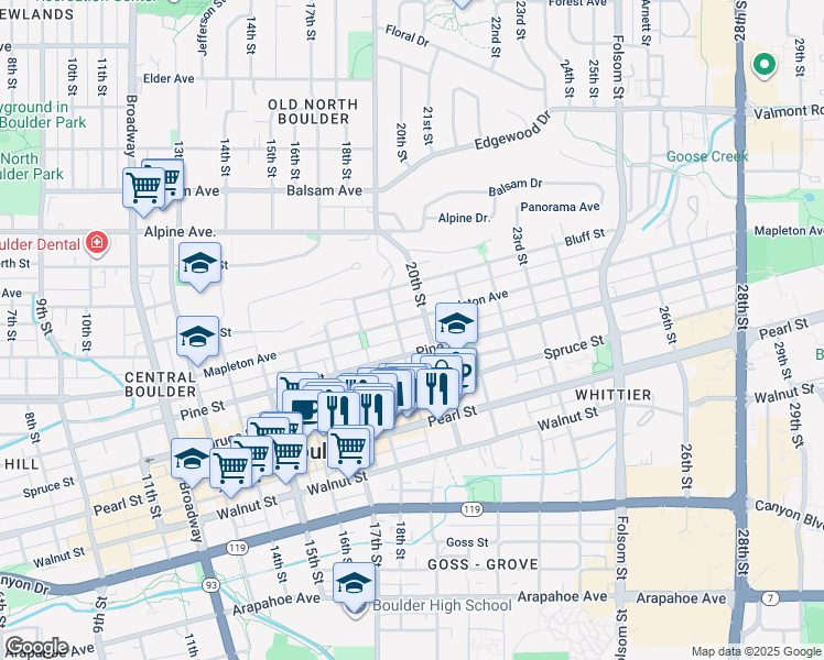 map of restaurants, bars, coffee shops, grocery stores, and more near 1913 Mapleton Avenue in Boulder