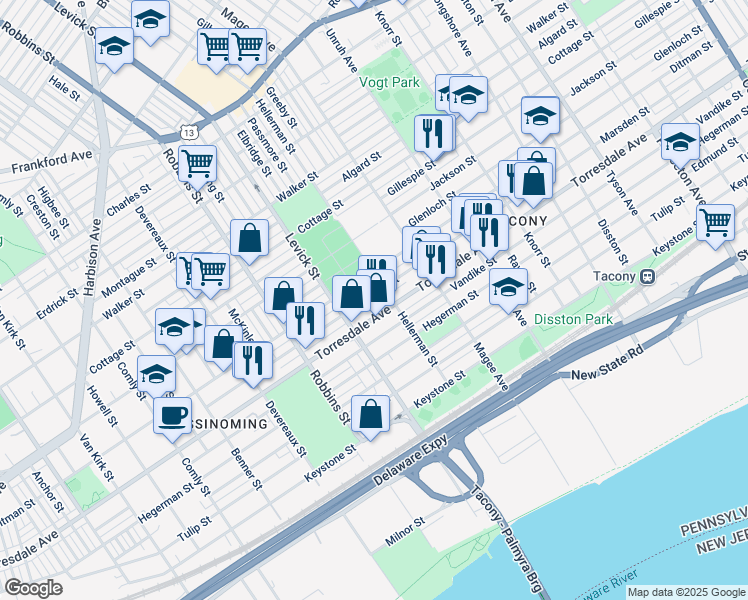 map of restaurants, bars, coffee shops, grocery stores, and more near 6444 Marsden Street in Philadelphia