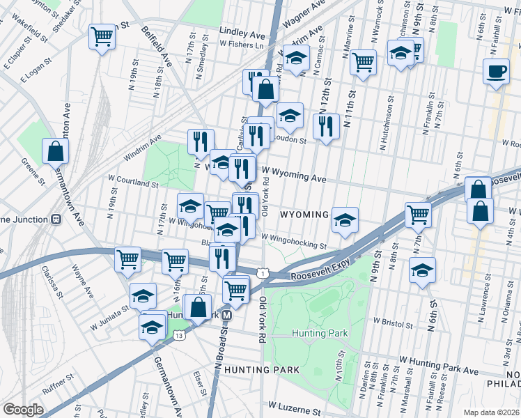 map of restaurants, bars, coffee shops, grocery stores, and more near 4600 Old York Road in Philadelphia