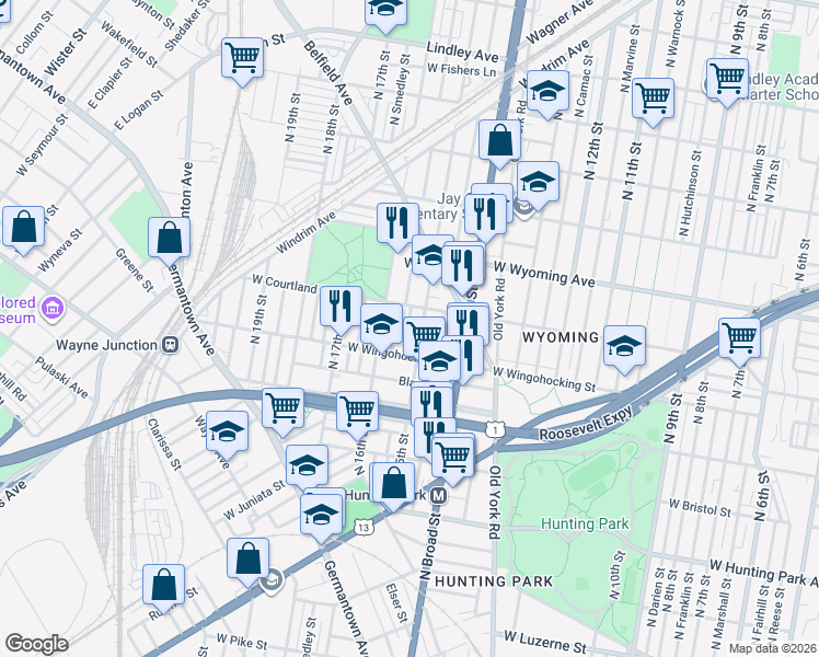 map of restaurants, bars, coffee shops, grocery stores, and more near 4556 North 15th Street in Philadelphia