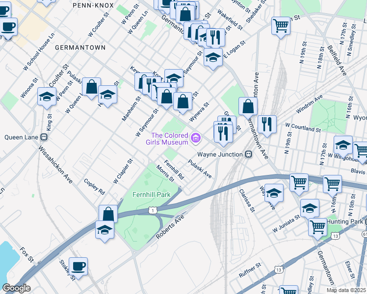 map of restaurants, bars, coffee shops, grocery stores, and more near 224 West Abbottsford Avenue in Philadelphia