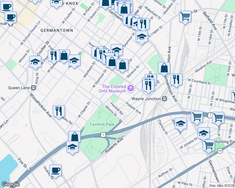 map of restaurants, bars, coffee shops, grocery stores, and more near 4835 Pulaski Avenue in Philadelphia