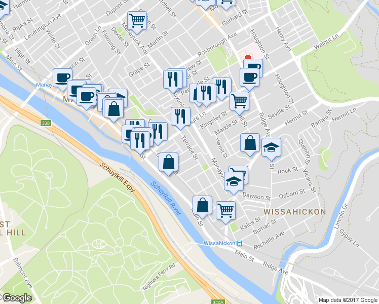 map of restaurants, bars, coffee shops, grocery stores, and more near 3943 Terrace Street in Philadelphia
