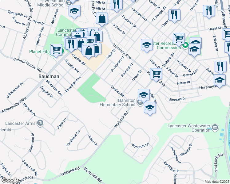 map of restaurants, bars, coffee shops, grocery stores, and more near 311 Charles Road in Lancaster