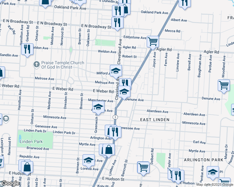map of restaurants, bars, coffee shops, grocery stores, and more near in Columbus