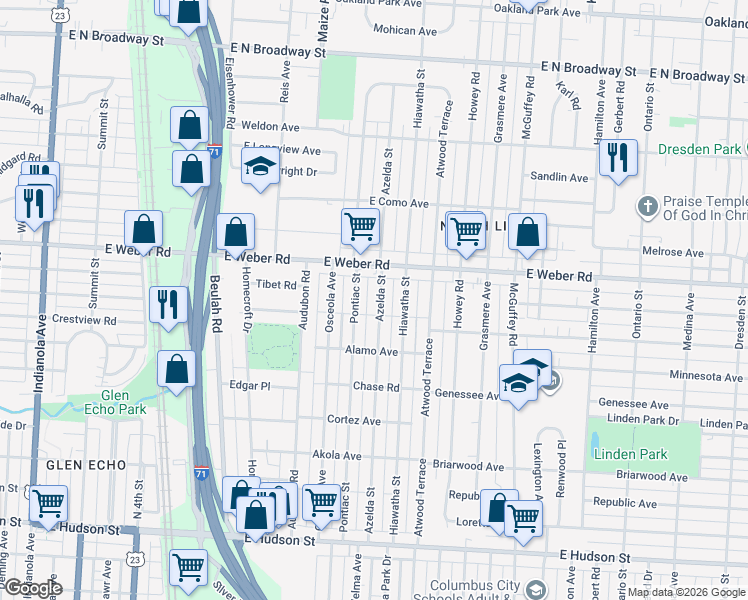 map of restaurants, bars, coffee shops, grocery stores, and more near 2831 Azelda Street in Columbus