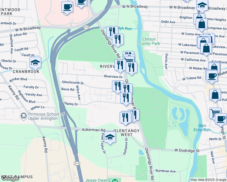 map of restaurants, bars, coffee shops, grocery stores, and more near 536 Stinchcomb Drive in Columbus
