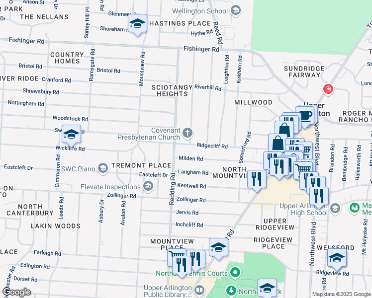 map of restaurants, bars, coffee shops, grocery stores, and more near 2061 Ridgecliff Road in Columbus