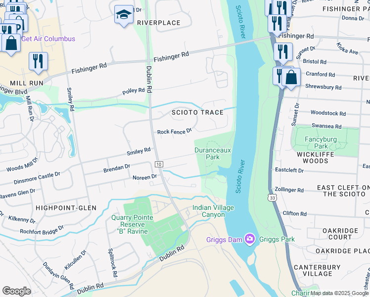 map of restaurants, bars, coffee shops, grocery stores, and more near 3390 Firefly Court in Columbus