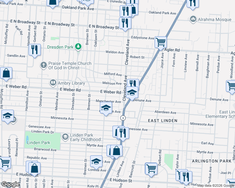 map of restaurants, bars, coffee shops, grocery stores, and more near 1709 East Weber Road in Columbus