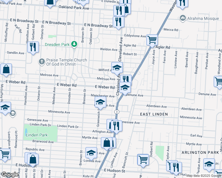 map of restaurants, bars, coffee shops, grocery stores, and more near 1682 East Weber Road in Columbus