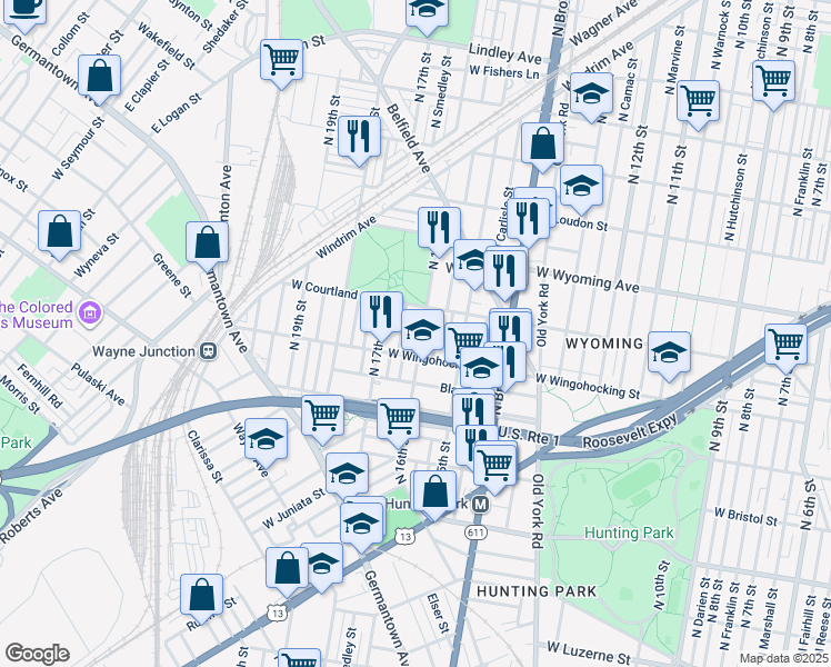 map of restaurants, bars, coffee shops, grocery stores, and more near 4549 North 16th Street in Philadelphia
