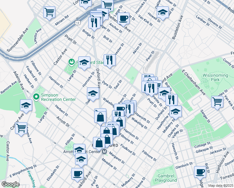 map of restaurants, bars, coffee shops, grocery stores, and more near 1374 Dyre Street in Philadelphia