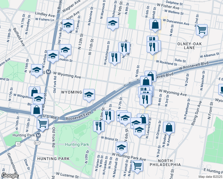 map of restaurants, bars, coffee shops, grocery stores, and more near 4610 North 8th Street in Philadelphia