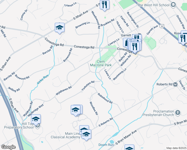 map of restaurants, bars, coffee shops, grocery stores, and more near 352 Yorkshire Road in Bryn Mawr