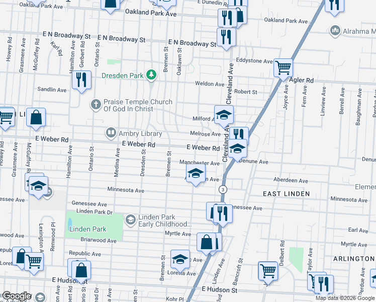 map of restaurants, bars, coffee shops, grocery stores, and more near 1624 East Weber Road in Columbus