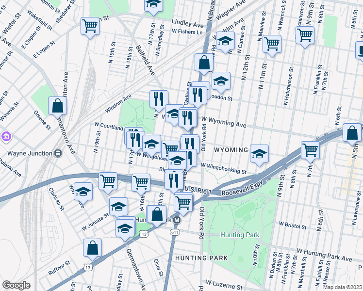 map of restaurants, bars, coffee shops, grocery stores, and more near 4537 North Carlisle Street in Philadelphia