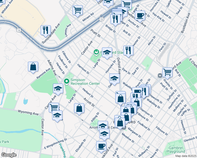 map of restaurants, bars, coffee shops, grocery stores, and more near 1143 Harrison Street in Philadelphia