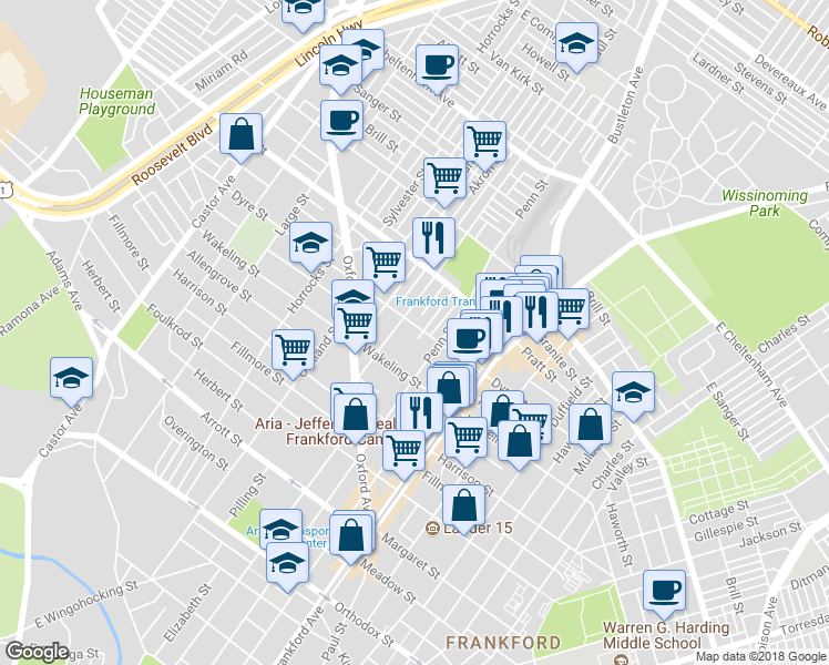 map of restaurants, bars, coffee shops, grocery stores, and more near 1374 Dyre Street in Philadelphia