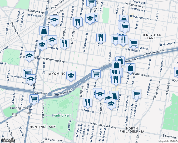 map of restaurants, bars, coffee shops, grocery stores, and more near 4610 North 8th Street in Philadelphia
