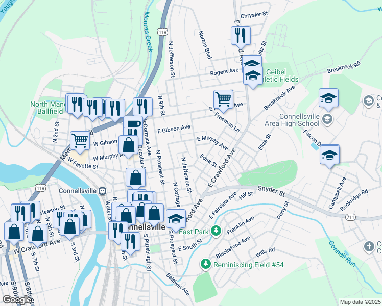 map of restaurants, bars, coffee shops, grocery stores, and more near 412 North Penn Street in Connellsville