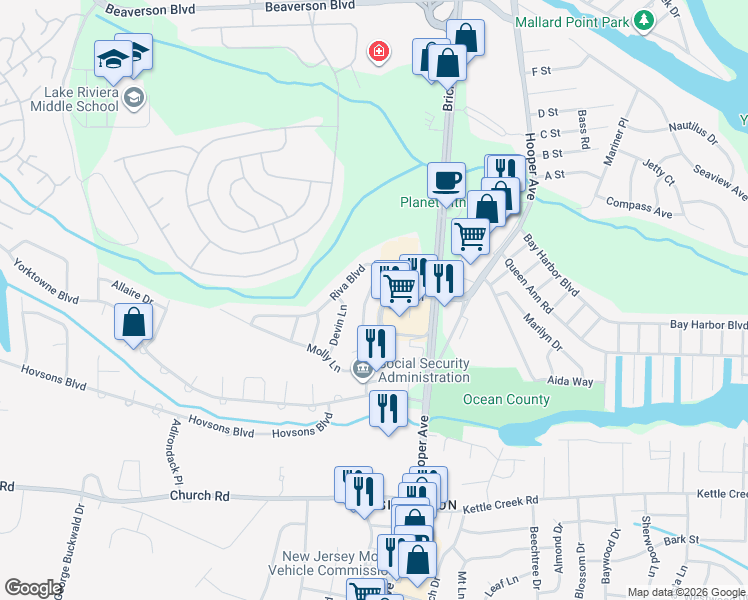 map of restaurants, bars, coffee shops, grocery stores, and more near 58 Riva Boulevard in Brick Township