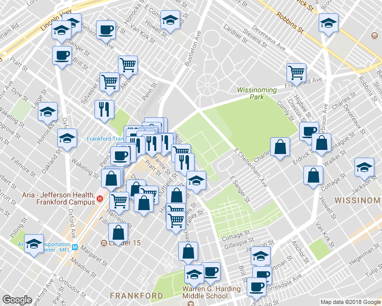 map of restaurants, bars, coffee shops, grocery stores, and more near 1669 Brill Street in Philadelphia