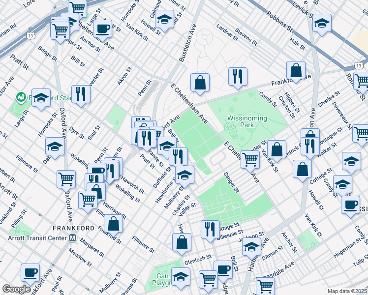 map of restaurants, bars, coffee shops, grocery stores, and more near 1669 Brill Street in Philadelphia