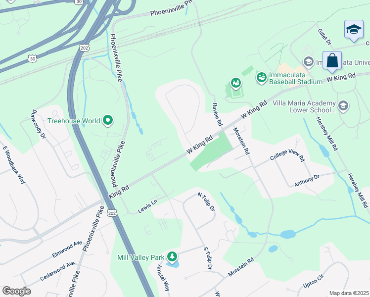 map of restaurants, bars, coffee shops, grocery stores, and more near 2 Glenloch Way in Malvern